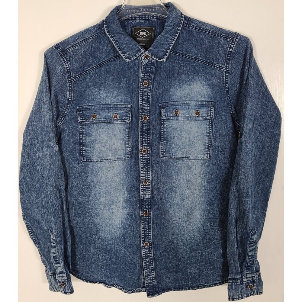ROK Men's Size Medium Blue Jean Shirt Long Sleeve Collared Button Front